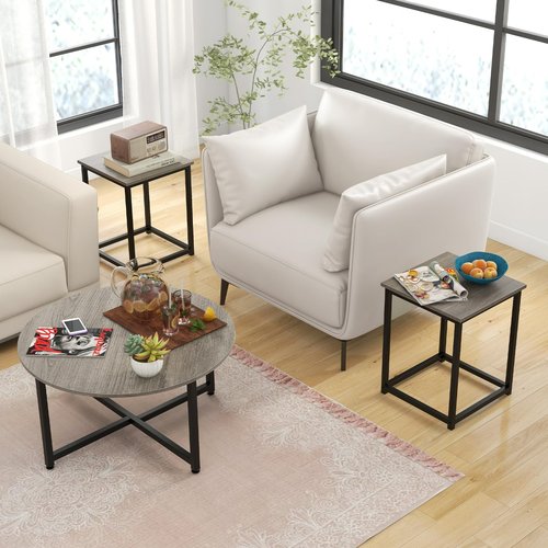 COSTWAY Coffee Table Set of 3, Wood Grain Round Coffee Table and 2 Square End Side Tables with Metal Frame, Modern 3-Piece Living Room Tables Set for Small Space, Apartment (Gray & Black)