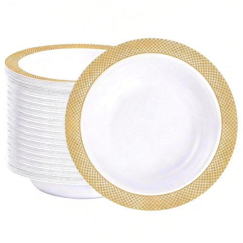 I00000 100 Gold Plastic Bowls, 12 oz White Disposable Bowls,Fancy Plastic Salad Bowl,Premium Heavy Duty Disposable Soup Bowl for Parties,Weddings,Dinners, Catering, Picnics