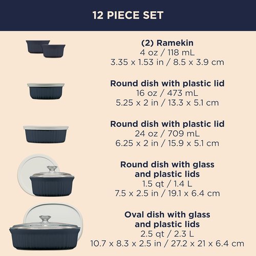 CorningWare Ceramic Bakeware Set - 12-Piece Chip & Crack Resistant Stoneware | French Navy, Oven & Microwave Safe