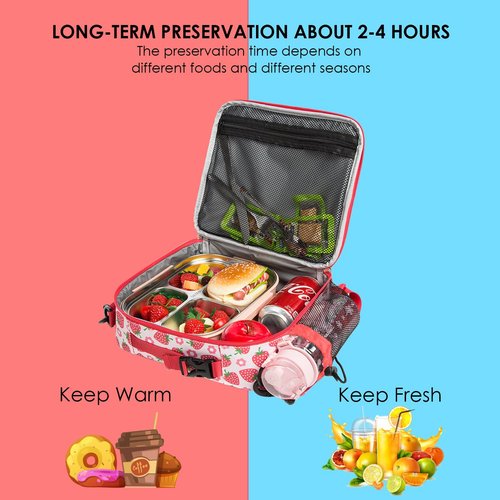 Khulula Girls Insulated Kids Lunch Boxes Bags for Hot or Cold Food Storage - Picnic Cooler Cookouts School Travel Reusable Lunch Tote Strawberry