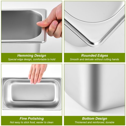8 Pack 1/3 Size Hotel Pans with Lids, 6 Inch Deep 1.2mm Thick, Commercial Stainless Steel Chafing Steam Table Pan, Catering Storage Metal Food Pan