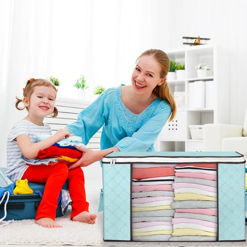Budding Joy 90L Large Storage Bags - 6 Pack Foldable Closet Organizers for Clothes & Bedding | Blue