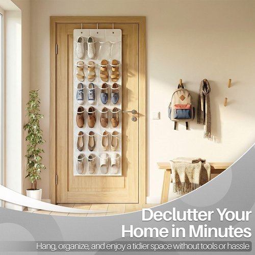 Flexzion Over The Door Shoe Organizer - 24 Clear Pocket Hanging Shoe Rack for Space-Saving Storage (White)