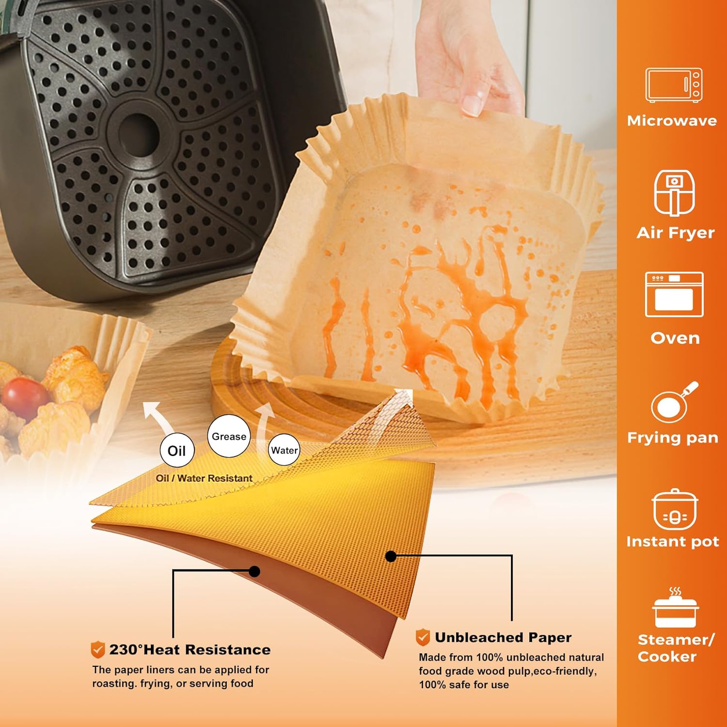 Unbleached Parchment Paper Liners - 250 Pcs 9" Square Disposable Air Fryer Liners | Non-Stick & Leakproof
