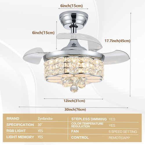 Zynfandor 30" RGB Crystal Retractable Ceiling Fan with Light Dimmable LED Chandelier, Remote & App Control, 6-Speed Timer, Memory Function for Bedroom Living Room,Silver