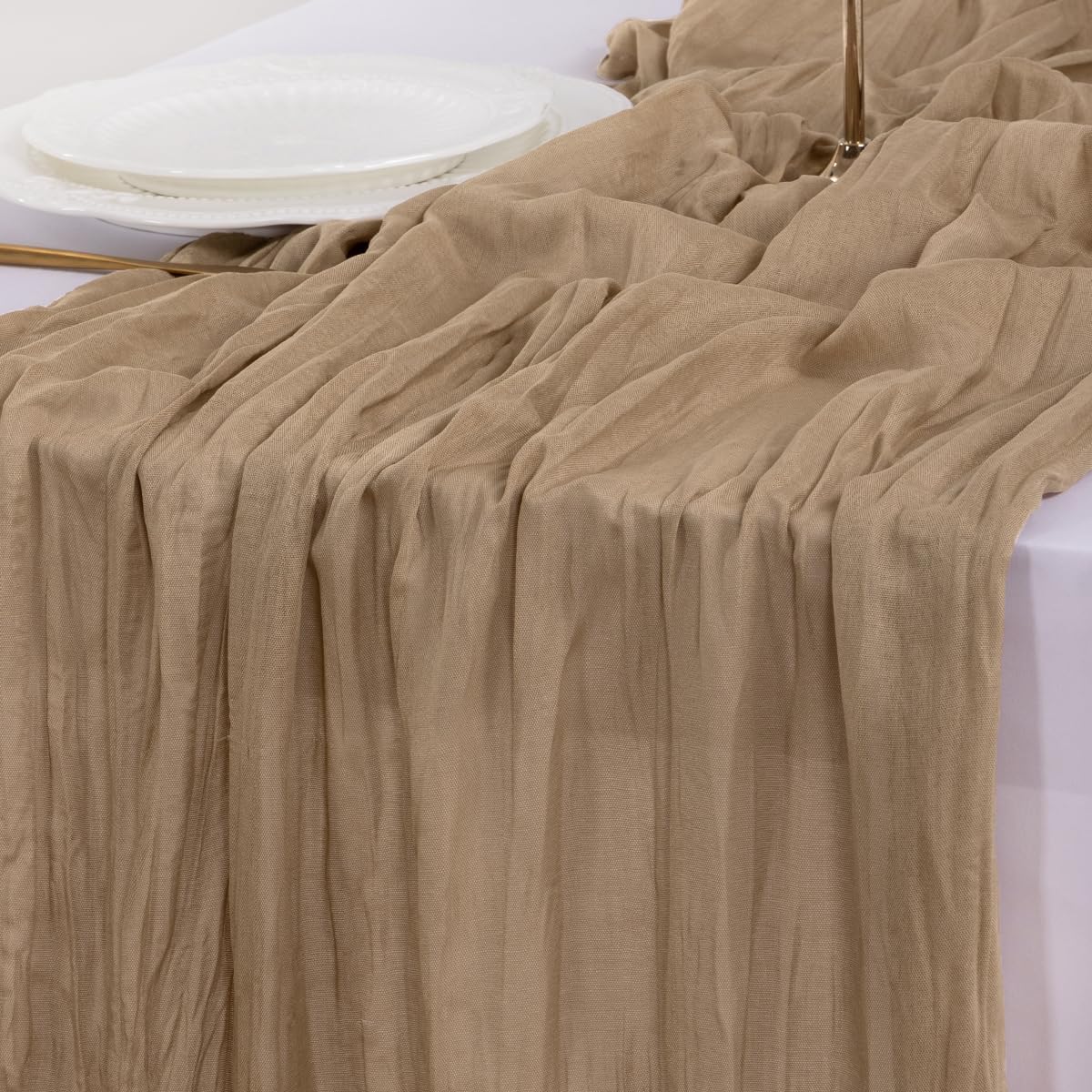 Socomi Cheesecloth Table Runner - 10pcs Nude Brown Boho Rustic 120 Inch for Weddings & Events
