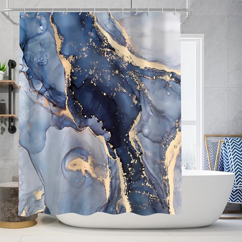 Nkzply 4 Pcs Blue Marble Shower Curtain Set Modern Abstract Bathroom Sets with Shower Curtain and Rugs Gold Fabric Shower Curtains for Bathroom Decor Accessories with Bath Rugs Toilet Lid Cover Hooks