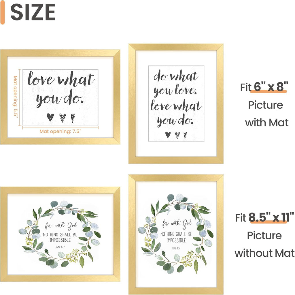 Upsimples 8.5x11 Picture Frame - Versatile Display for 6x8 Photos with Mat or 8.5x11 Without - Gold Finish, 1 Pack