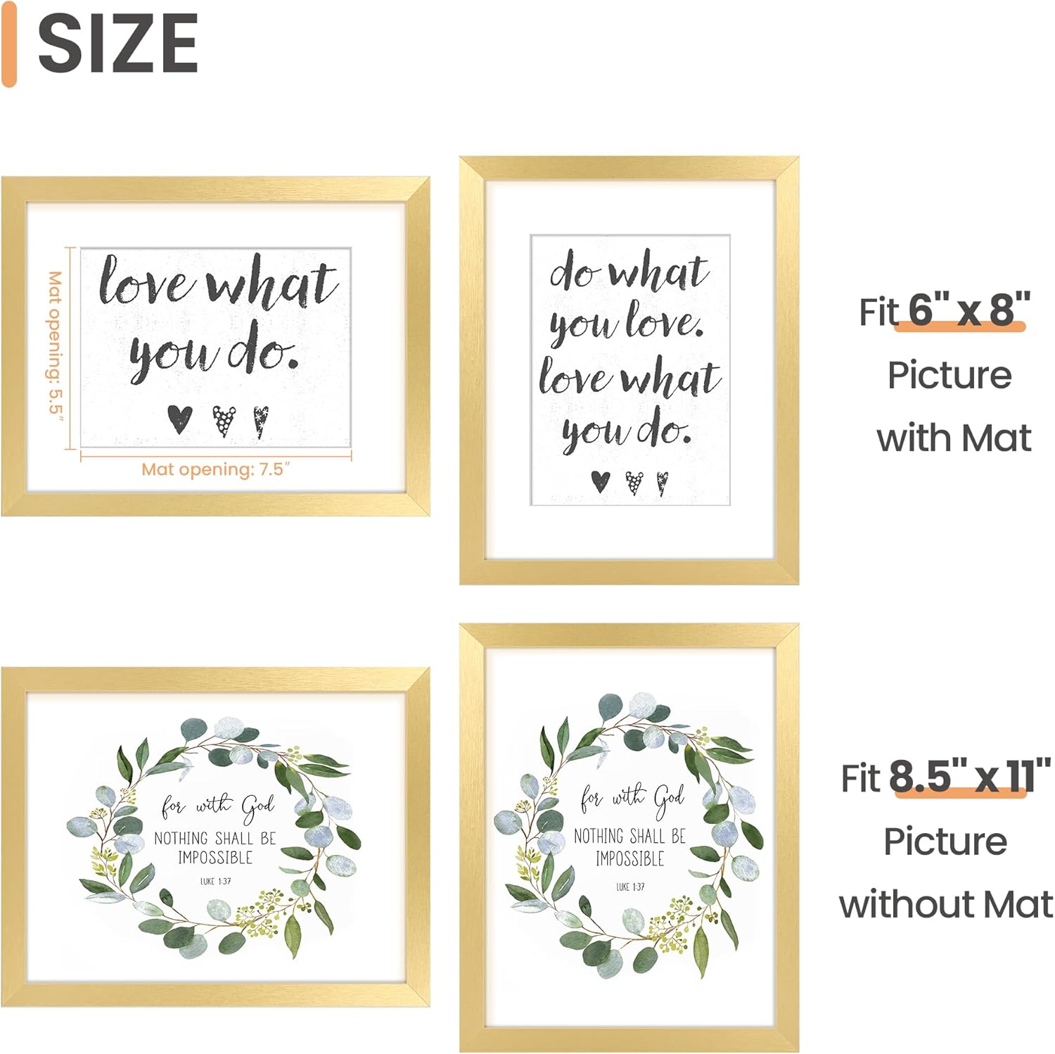 Upsimples 8.5x11 Picture Frame - Versatile Display for 6x8 Photos with Mat or 8.5x11 Without - Gold Finish, 1 Pack