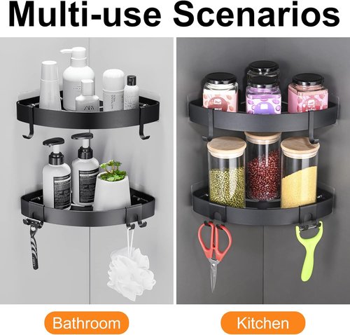 DUFU Adhesive Corner Shower Caddy - Rust Proof Aluminum Bathroom Organizer | No Drilling, 2 Pack (Black)