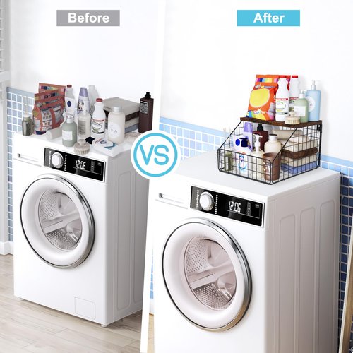 MSJGA Laundry Room Shelves Wall Mounted with Storage Basket - Farmhouse Stackable Wire Wall Shelves Organizer for Towels, Detergent, Tissues | Space-Saving Over Washer & Dryer(11.8" Wx12 Dx8.5 H)