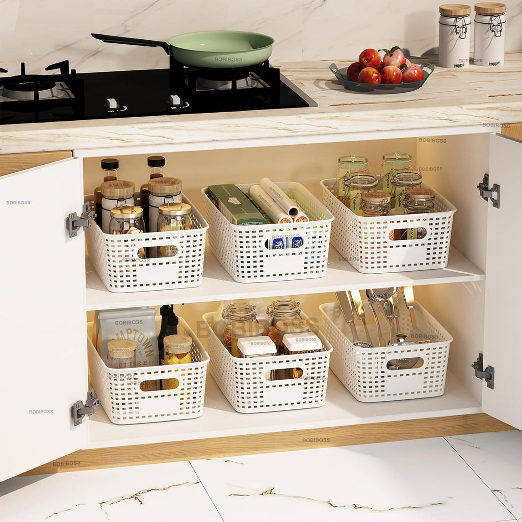White Plastic Storage Baskets - 12 Pack Stackable Bins with Lids for Organizing | Cute Decorative Storage