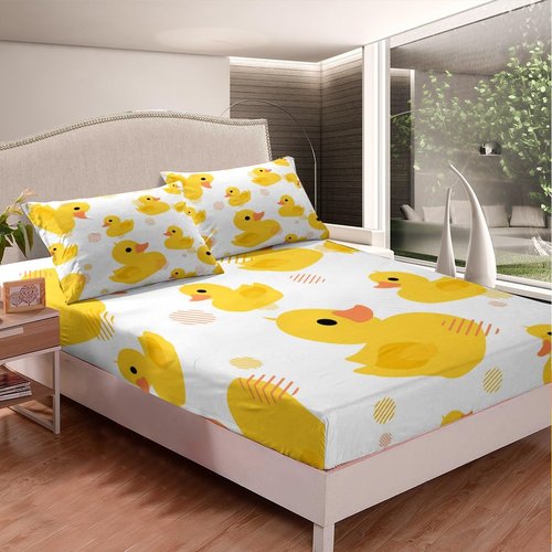 Erosebridal Cartoon Duck Bed Sheetsfor Kids Boys Girls,Kawaii Yellow Duck Fitted Sheet,Cute Hand Drawn Duck Bedding Set Twin,Lovely Farmhouse Animal Bed Cover + 1 Pillowcase,no Flat Sheet