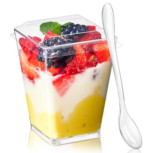 TOFLEN 25 Pack 5 oz Plastic Dessert Cups with Lids for Party, Mini Dessert Cups with Spoons Dessert Shooter Cups for Yogurt Parfait, Appetizer, Pudding, Fruit and Ice Cream
