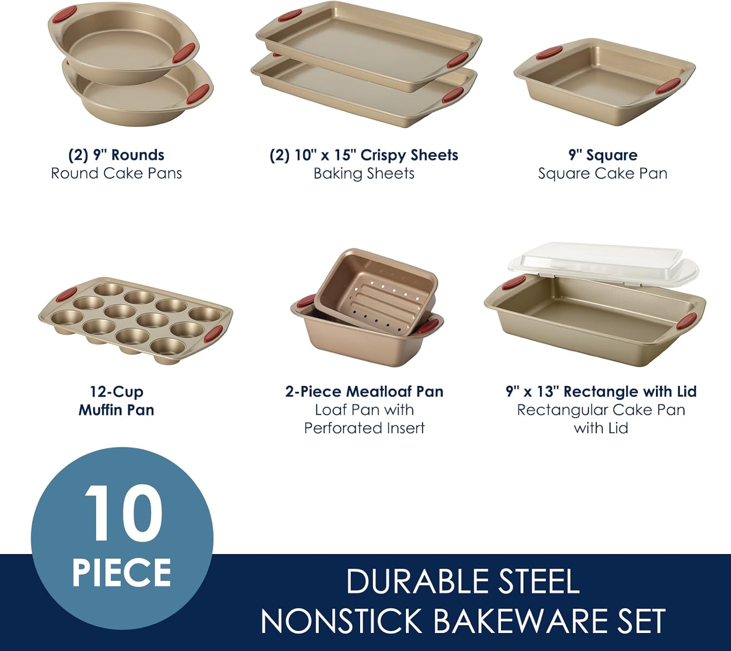 Rachael Ray Cucina Nonstick Bakeware Set - 10-Piece Baking Essentials in Latte Brown with Cranberry Red Grips