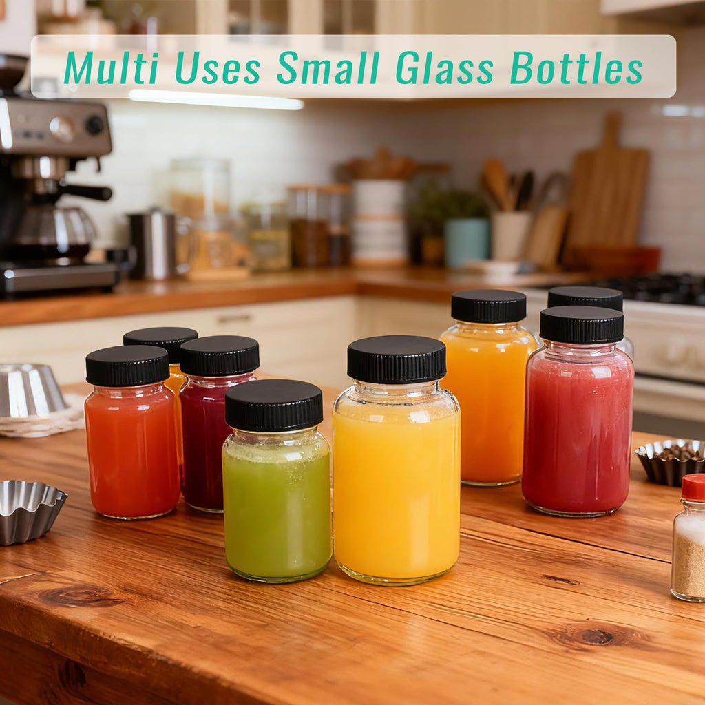 CAKKVDE 16 Pack 2 oz Glass Ginger Shots Bottles with Black Caps,Leakproof 2 oz Juice Glass Bottles with Lids for Wellness Shot,Ginger,Beverages