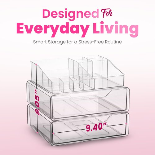 Masirs Clear Acrylic Makeup Organizer with Drawers – Cosmetic Vanity Storage for Skincare, Hair Accessories, Jewelry, Perfume – Durable Countertop Bathroom Organizer