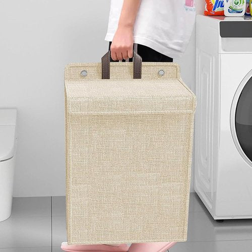 Foldable Laundry Basket with Lid with Handles, Foldable, Hanging Laundry Basket, Laundry Organiser, Mesh Design on Both Sides, Breathable Laundry Organiser (Beige)