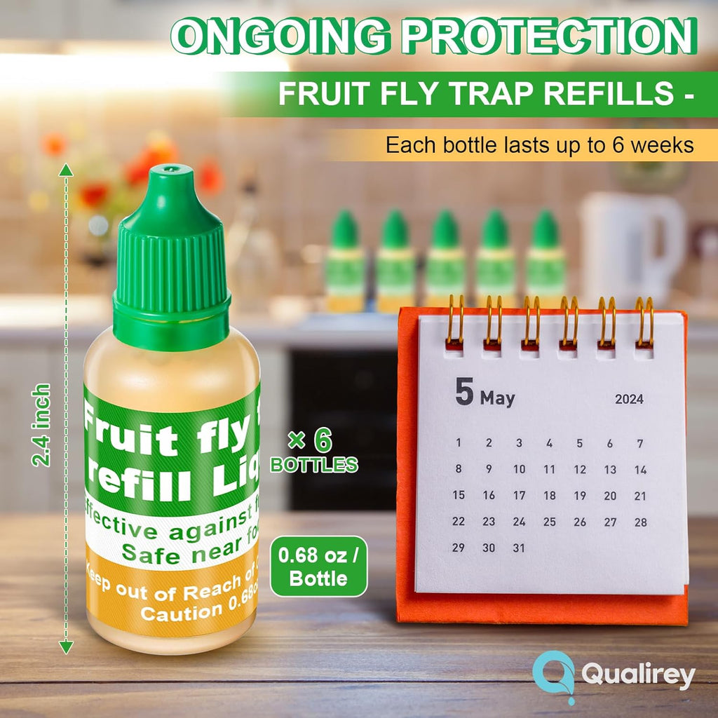 Qualirey Fruit Fly Trap Refill Liquid - Non-Toxic 0.68oz Bottles for Safe Indoor Use | 6 Pack