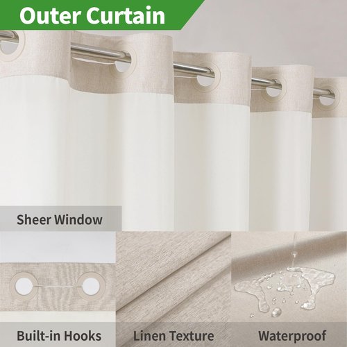 eachope Stall No Hooks Needed Linen Textured Shower Curtain with Snap-in Fabric Liner Set,Hotel Luxury Decor Shower Curtains for Bathroom,Waterproof & Washable,60Wx74H,Cream