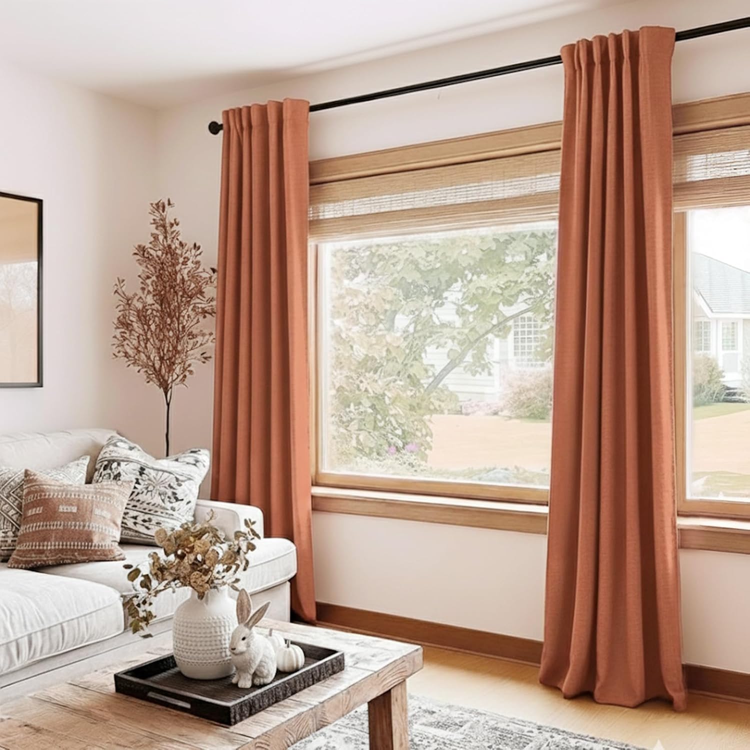 Skiennix 100% Blackout Linen Curtains - Thermal Insulated Drapes, 50" W x 84" L, Burnt Orange - 2 Panels Set