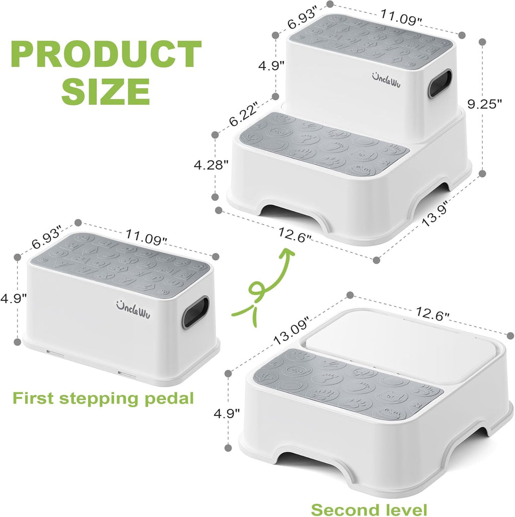 Skiennix 2-Pack Kids Step Stool - Non-Slip Bathroom & Kitchen Stool with Faucet Extender & Duck Toys | Heavy Duty 200lbs (Grey)