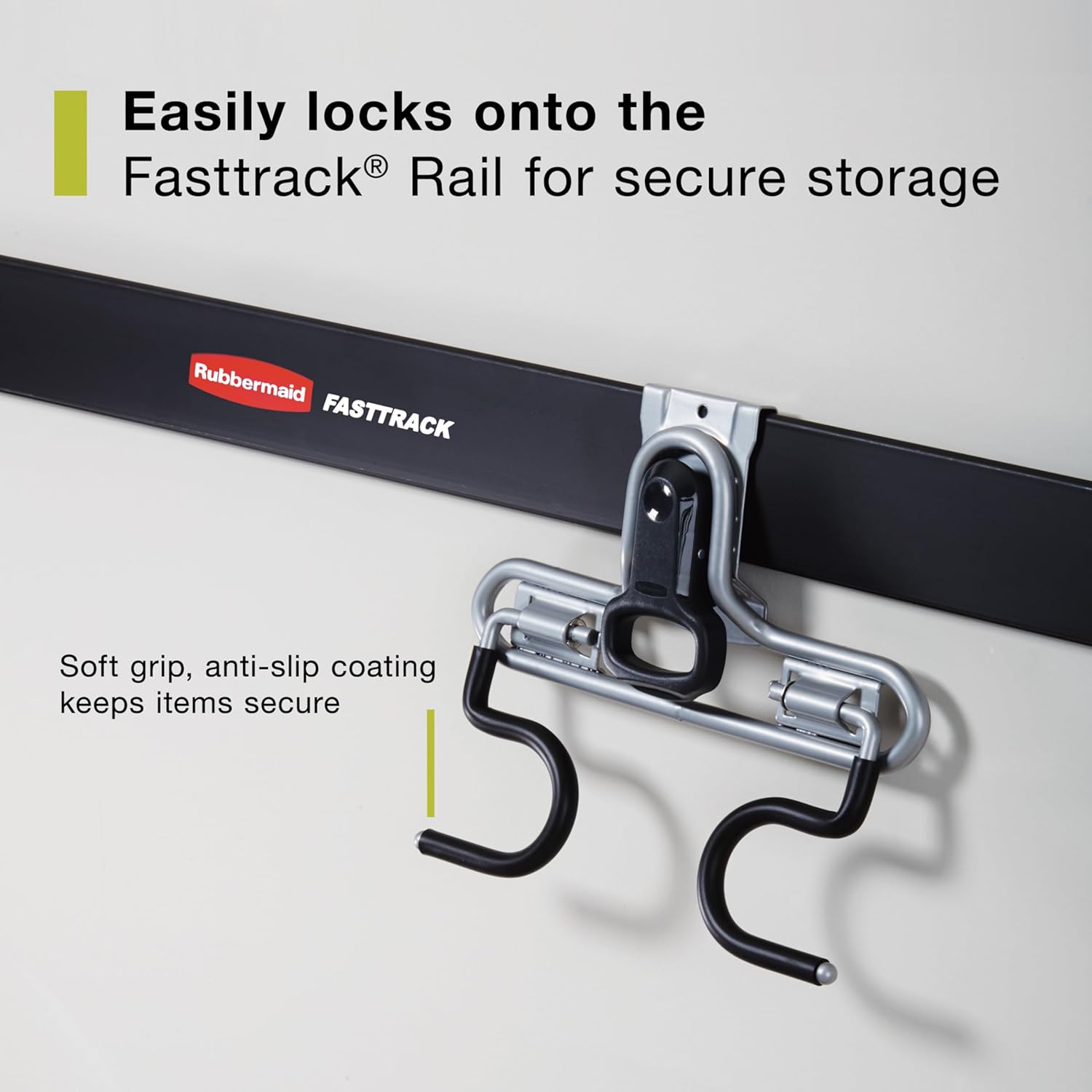 Rubbermaid FastTrack 2-Handle Hook - Space-Saving Garage Storage Solution | Metallic Powder-Coated Steel for Rakes, Brooms, Toys, Ladders