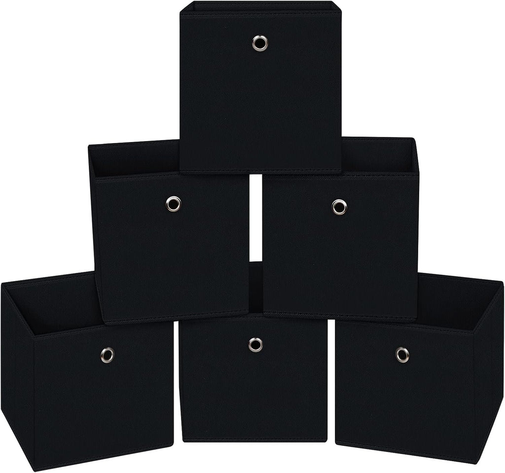 Skiennix Black Foldable Storage Cubes - 11 Inch Fabric Organizer Bins with Handles | Set of 6