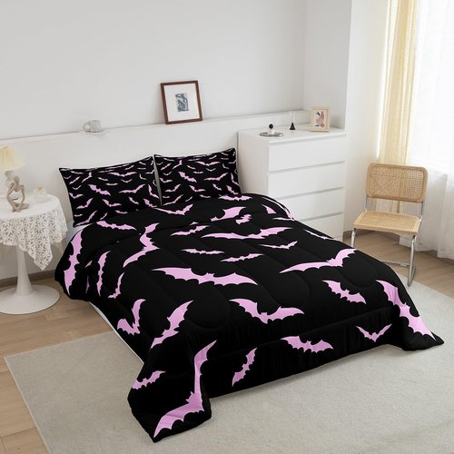 Erosebridal Halloween Bedding Set Full Size for Kids Boys Youth Pink Bats Comforter Set Happy Holiday Gothic Quilt with 2 Pillow Cases Spooky Animal Bedding Comforter Sets