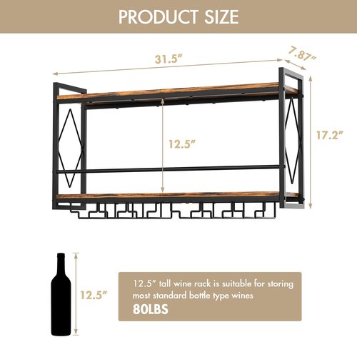 Nidouillet Wall Mounted Wine Rack with LED Light, 31.5" Bar Liquor Shelves with Glass Holder, Metal Hanging Bar Shelves Wine Storage Rack Display for Kitchen Home Bar Dining Room Living Room