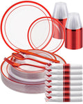 Goodluck 175 Pcs Red Plastic Plates, Clear Plastic Silverware Disposable Plates Set, Include 50 Plates, 25 Pack Pre Rolled Napkins with Silverware, 25 Cups for Party, Christmas, Graduation, Wedding