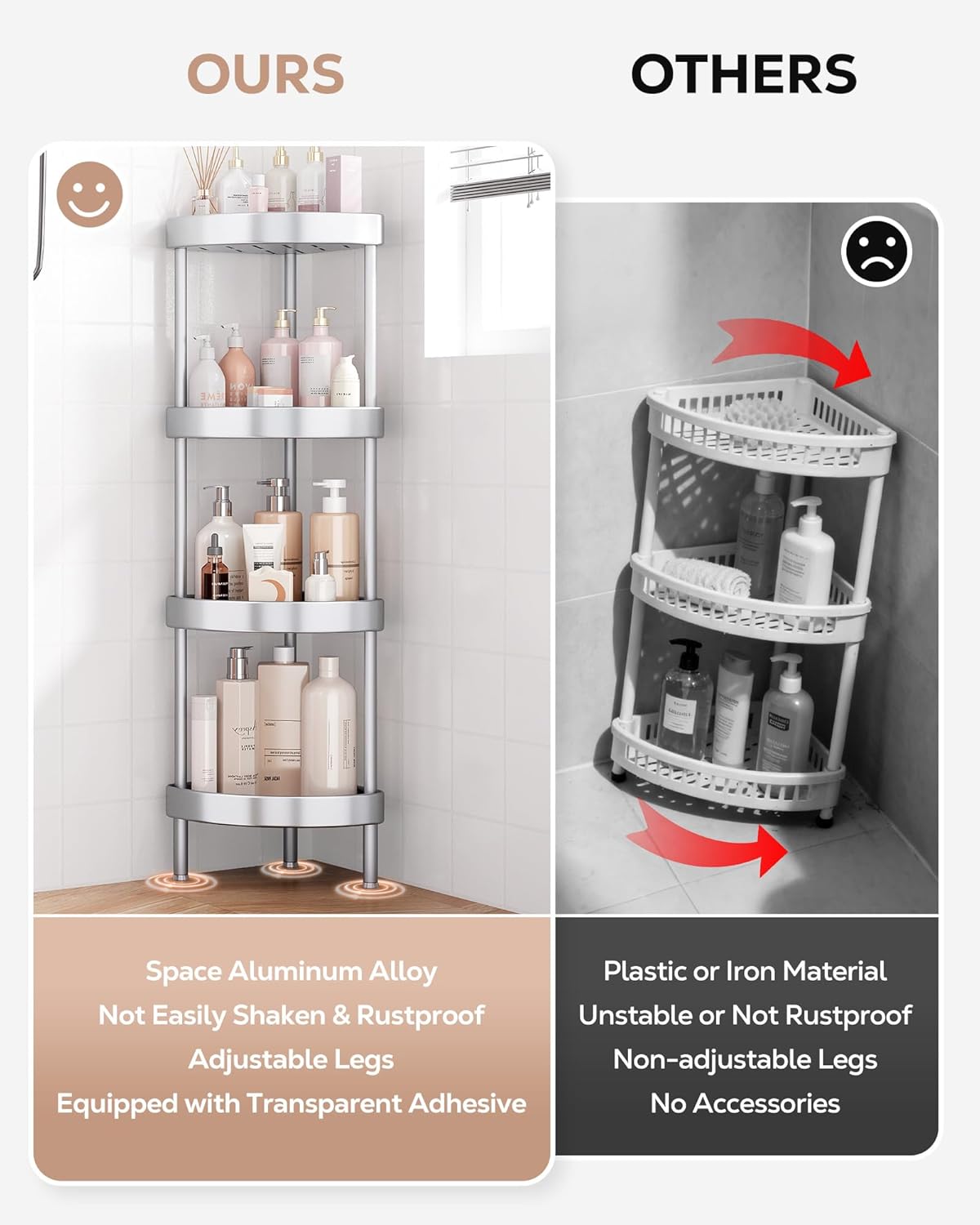 Nieifi Corner Shower Caddy Stand - 4-Tier Rustproof Aluminum Organizer | Height-Adjustable Legs, Silver