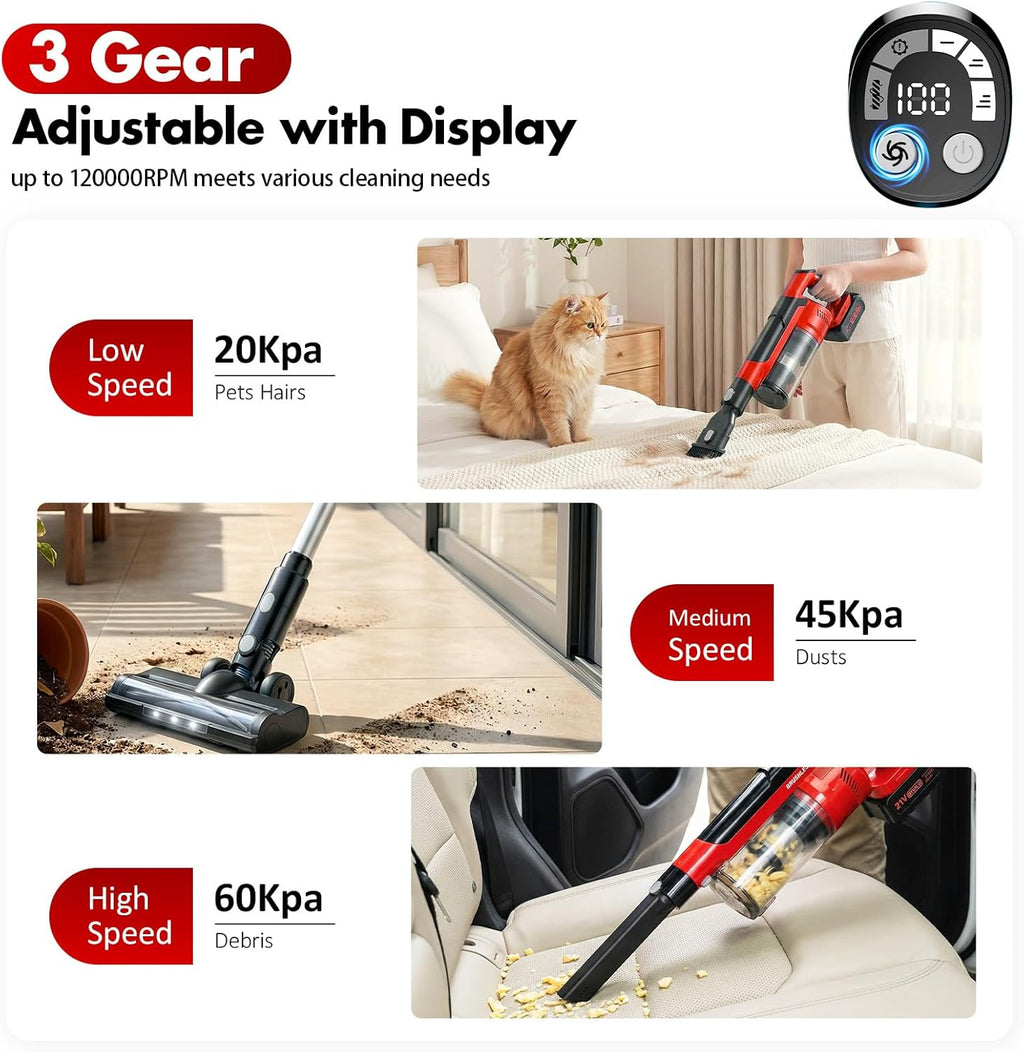 Skiennix Cordless Vacuum Cleaner - 8000mAh Battery, 3 Modes, 6-in-1 Handheld for Pet Hair & Hardwood (Red)