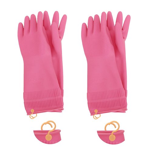 Myungjin 2 Pairs Reusable Waterproof Non-Slip Honeycomb Grip Latex Rubber Gloves with Hang-Dry Hooks/Hanging Loops for Dishwashing Household Cleaning Cooking (Medium)
