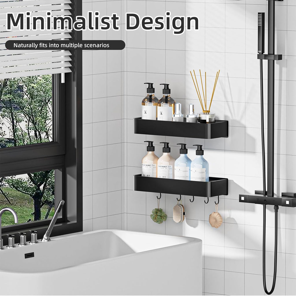 Wisfame Shower Caddy - No Drill Rustproof Aluminum Bathroom Shelf | 2 Pack Large Capacity with 5 Hooks - Black