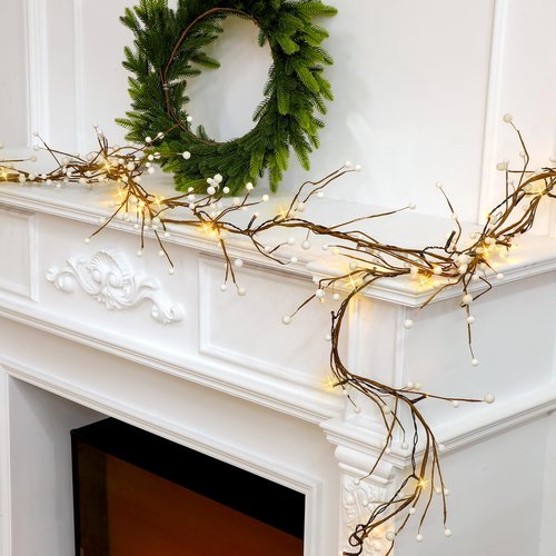 Syhood 9 ft Ramadan Mubarak Berry Beaded Garland with 30 LED Lights Artificial Pre Lit Berry Branch String Garland Battery Operated for Indoor Mantel Fireplace Holiday Decor(White)
