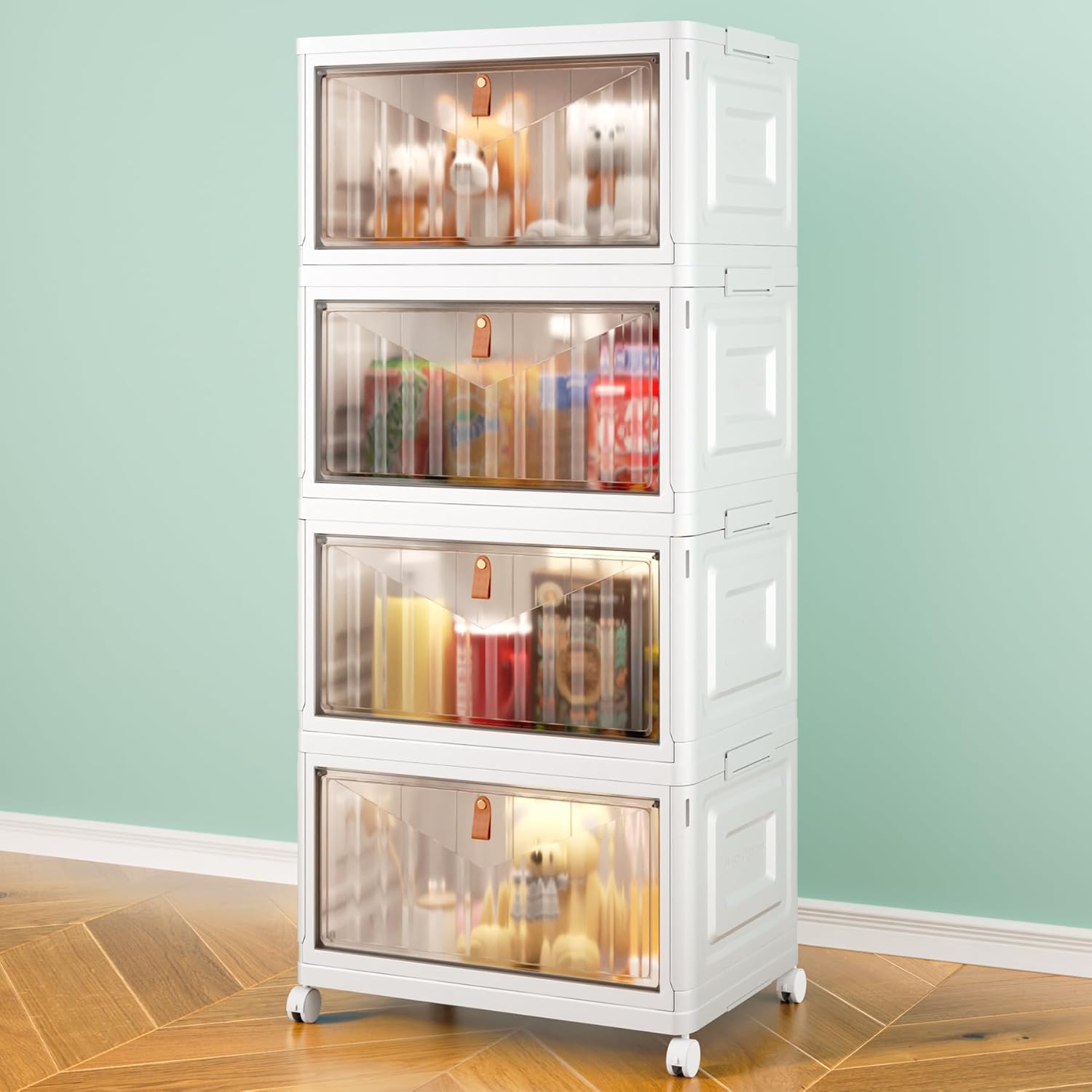 Skiennix 4-Tier Storage Bins - Stackable Closet Organizers with Lids & Wheels | 23QT Foldable Plastic Containers - White