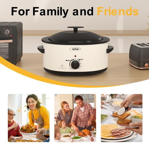 Sunvivi 8-Quart Roaster Oven with Self-Basting Lid, Electric Turkey Roaster Oven with Removable Pan and Rack, Stainless Steel, White
