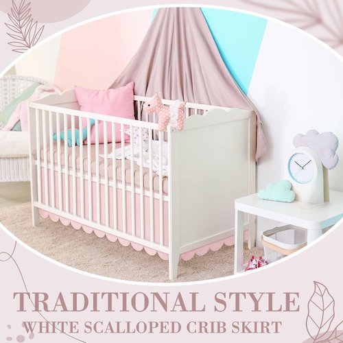 Hahafelt Scalloped Crib Skirt for Baby Girl Nursery, 28"x 52" with 14" Drop, 4-Sided Dust Ruffle, Soft Breathable Fabric, Elegant Nursery Decor, Fits Standard Crib, Pink