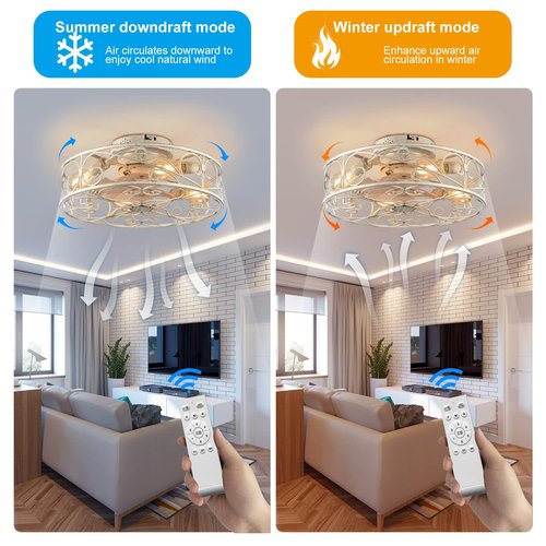 XUDOM 20" Caged Ceiling Fans with Lights and Remote, Bladeless Ceiling Fan 6 Speed Reversible with 4 Bulbs and Remote Control,Flush Mount Caged Ceiling Fan for Bedroom, Living Room, (Include Bulbs)