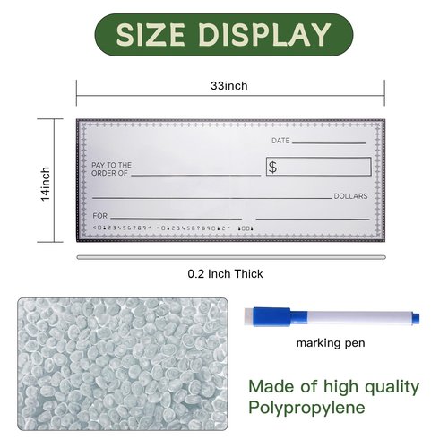 33 * 14 Inch Large Giant Big Fake Hard Oversized Checks Award for Presentations Collapsible Reusable Premium PP Plastic Board with Marker and Adhesive Strips