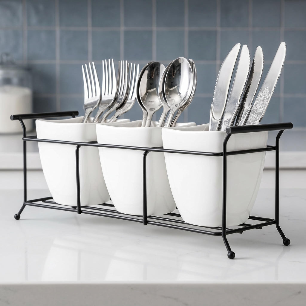 Bekith 3-Piece Ceramic Flatware Caddy with Metal Rack, Utensil Holder Silverware Caddy Cutlery Organizer, White
