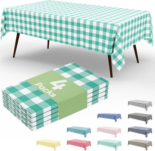 Misaya Disposable Tablecloths - 4 Packs of Waterproof 54 x 108 Inch Teal & White Checkered Covers for Parties, Picnics & Events