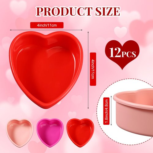 12 Pcs Mother's Day Heart Shaped Cake Pans Pink Red Silicone Mini Heart Cake Mold Nonstick Dessert Pan Chocolate Baking Tray Bakeware for Mother's Day Birthday Cupcake Muffin Tool(Multicolor,4'')