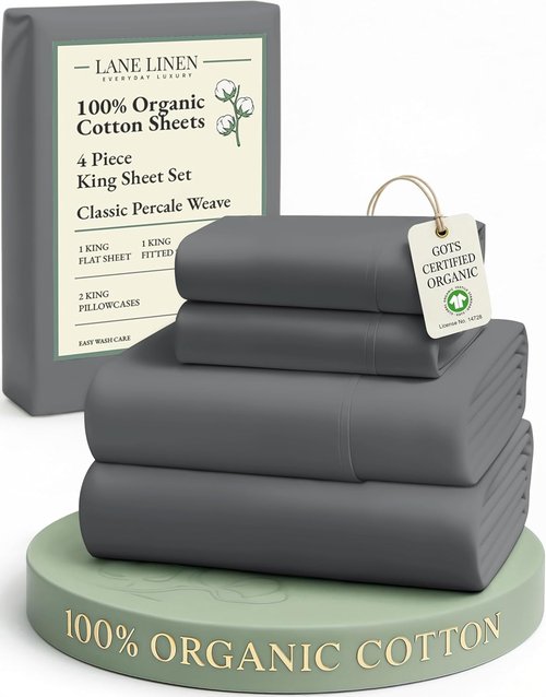 LANE LINEN 100% Organic Cotton King Size Sheets - Soft, Machine Washable, Eco-Friendly Charcoal