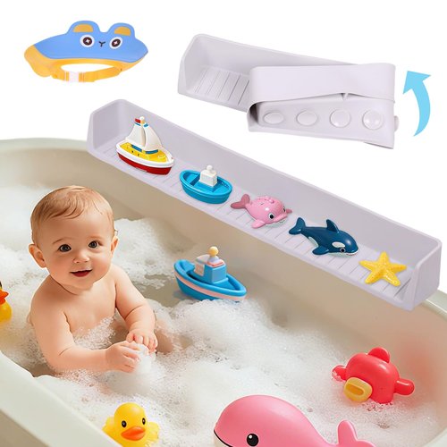 Bathtub Splash Guard for Kids, Long Flexible Silicone Shower Splash Guard with Suction Cups, 2-in-1 Tub Ledge Organizer for Bath Toys & Supplies, Prevents Water Spills, Keeps Floor Dry(Grey)