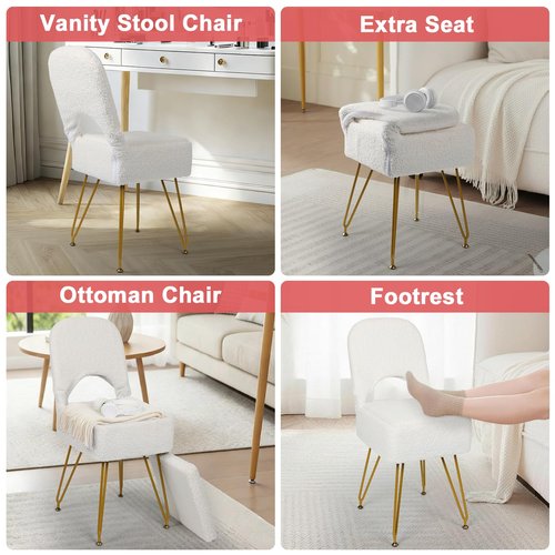 mapleway Small Vanity Stool Chair with Storage and Adjustable Folding Back 12.6" x 13.8" x 29.9" Alpaca Fur Soft Ottoman 4 Metal Legs with Anti-Slip Feet Furry Padded Seat for Makeup, Bedroom, White