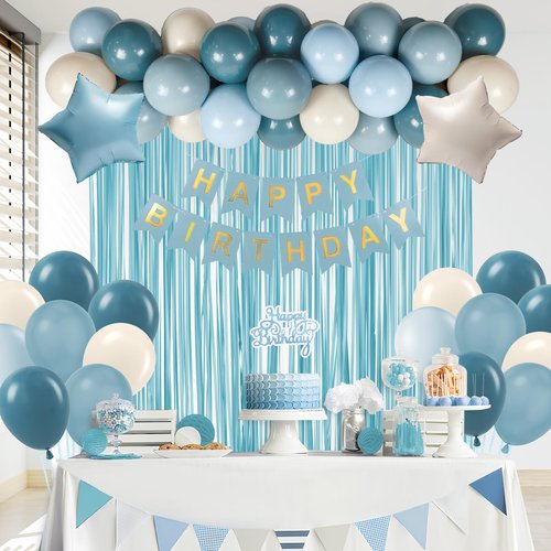 Blue Birthday Decorations for Men with Sand White Light Slate Dusty Blue Balloons Happy Birthday Banner Light Blue Fringe Curtains for Birthday Party Decorations