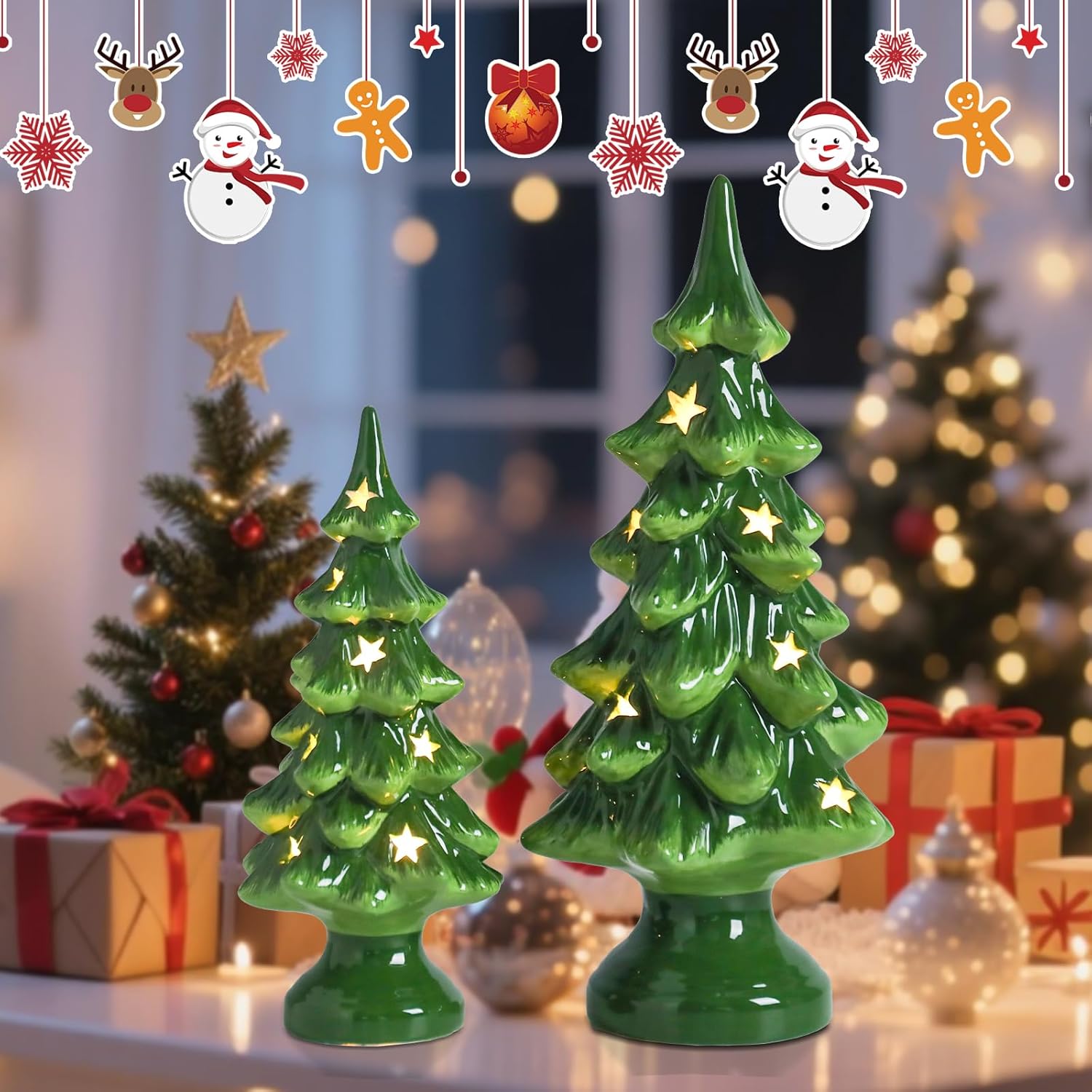 Taman Ceramic Christmas Tree | Light Up Tabletop Decoration Set of 2 - 10” & 7.5” with Warm Lights