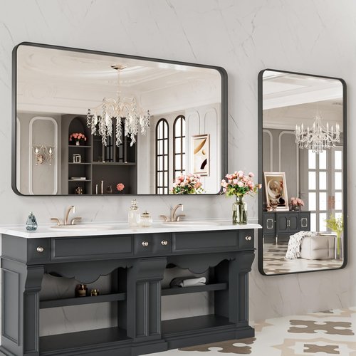 LOAAO Black Metal Framed Bathroom Mirror - 48x28 Inch, Anti-Rust, Tempered Glass, Versatile Hanging Options